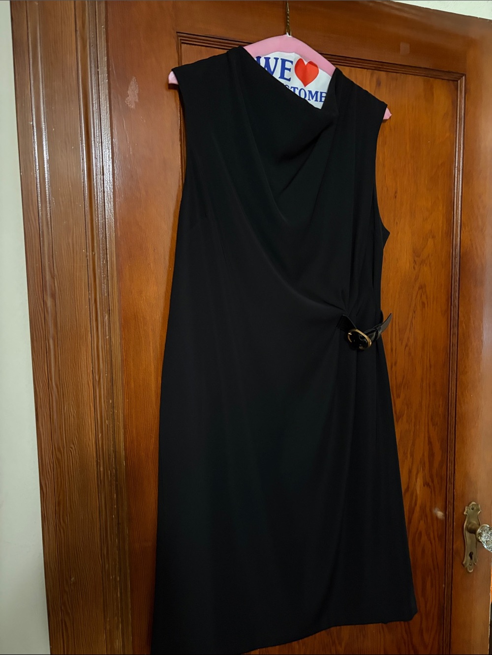 Donna Karan Black Sleeveless Draped Midi Dress with Side Buckle